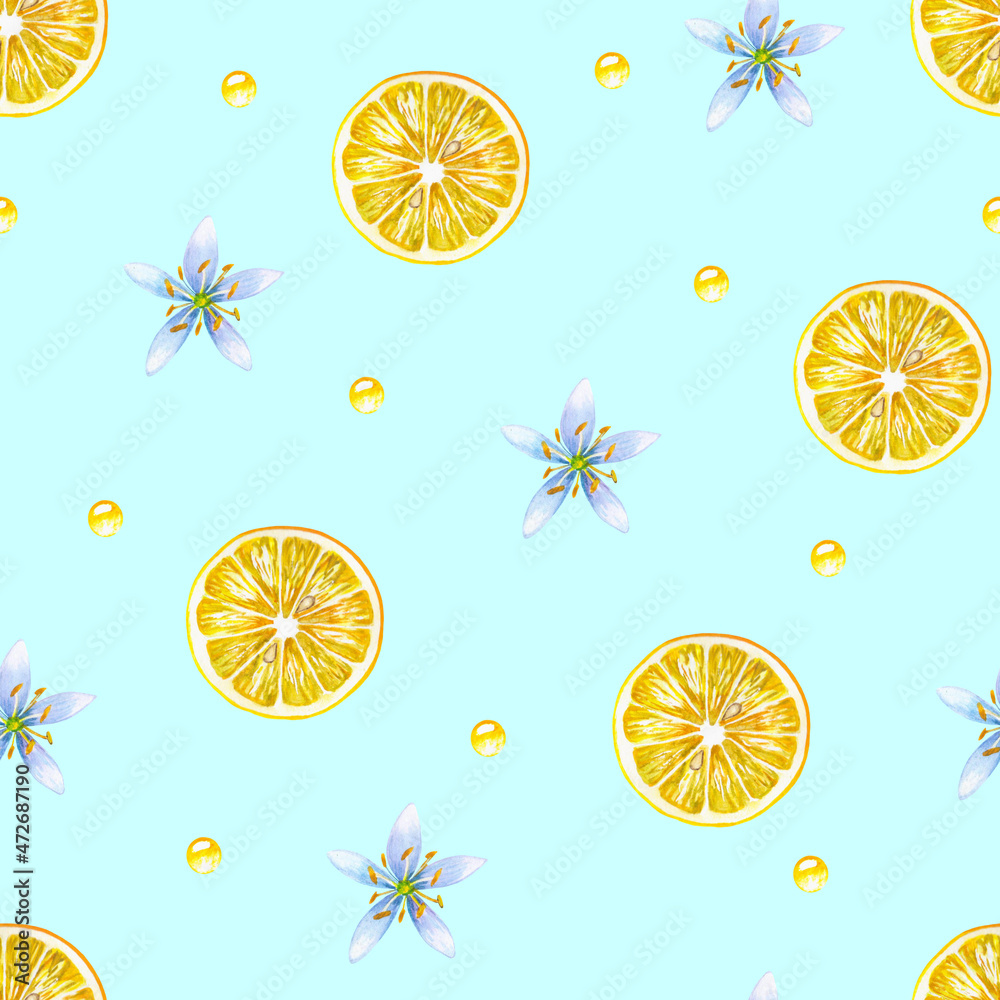 pattern lemon in a cut with a flower on a blue background in watercolor