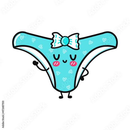 Cute funny waving hand panties character. Vector hand drawn cartoon kawaii character illustration icon. Isolated on blue background. Panties character concept