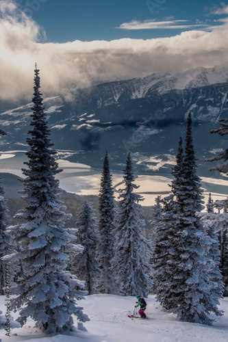 Tree skiing at Revelstoke Mountain Resort  British Columbia Canada  and views of Columbia River Valley