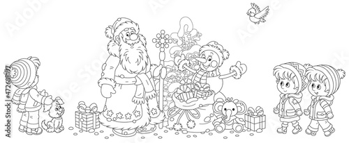 Santa Claus and a funny toy snowman with a snowy Christmas fir tree and a magic bag of holiday gifts for little children, black and white outline vector cartoon illustration for a coloring book