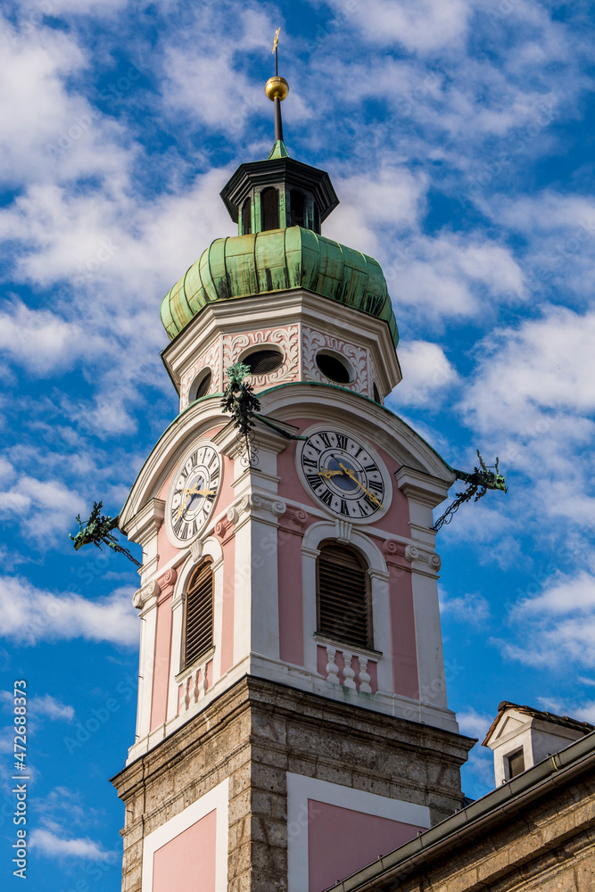 The Spitalskirche or Hospital Church of the Holy Spirit, clock tower, Old Town, Innsbruck, Tyrol, Austria.