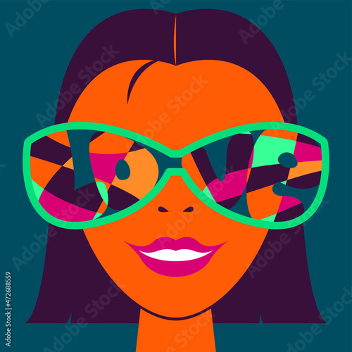 Vector graphics - a beautiful young woman in large glasses with the word love reflected in glasses of trendy colors.