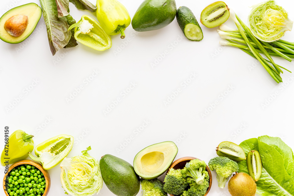 Frame of raw green vegetables and herbs for vegetarian protein diet Frame of raw green vegetables and herbs for vegetarian protein diet