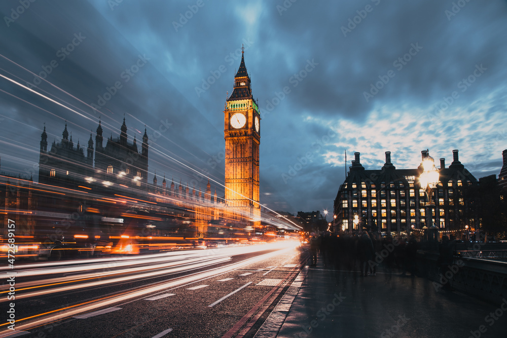 night time in London Big Ben and Westminster palace