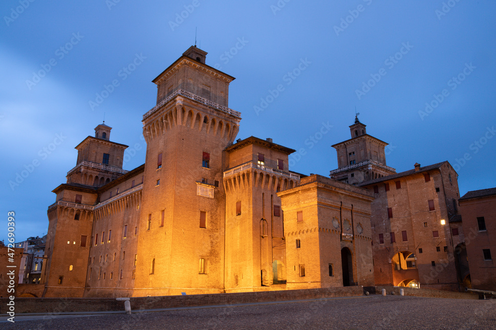 Ferrara - The castle Castello Estense at dusk.