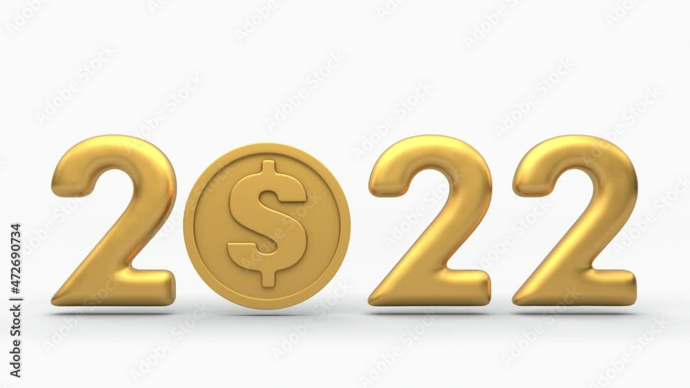 New Year 3d animation for the calendar. The date of the new year 2022 is made of liquid gold and a gold coin of the American dollar. The idea of success and prosperity in 2022. New Year 3d animation for the calendar. The date of the new year 2022 is made of liquid gold and a gold coin of the American dollar. The idea of success and prosperity in 2022.