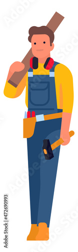 Man holding joiner tools. Carpenter carrying wood