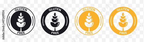 Gluten free labels vector set. Black and orange gluten-free food stamp icons. Isolated gluten free symbol collection. Packaging badges design, vector illustration. photo