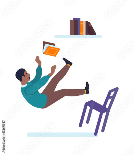 Man trying get book from top shelf and falling down from chair