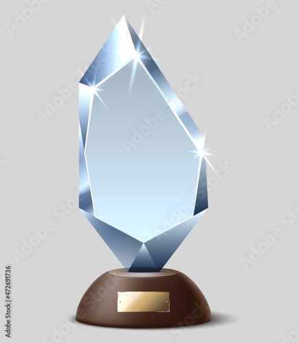 Diamiond crystal award. Shiny acrylic trophy in realistic style