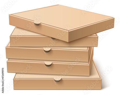Closed pizza packs. Blank cardboard box in stack. Realistic mockup