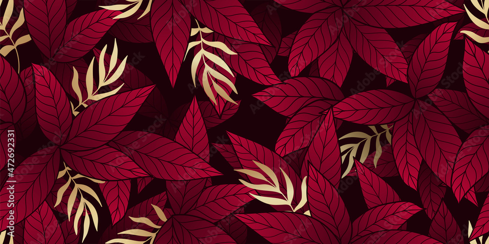 Red and gold tropical leaves seamless pattern
