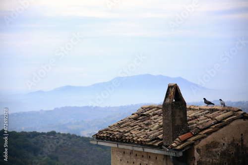 Peaceful view of two pigeons placed on the traditional roof with pantiles and the backdrop of the mountains in the afternoon haze