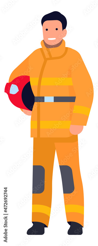 Man in firefighter uniform holding yellow helmet. Fireman icon Man in firefighter uniform holding yellow helmet. Fireman icon
