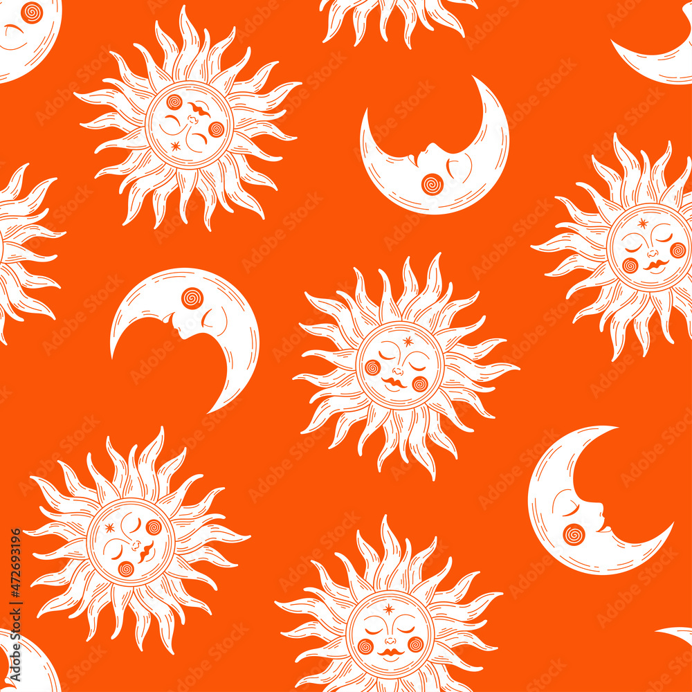 Orange celestial sun and moon seamless pattern.