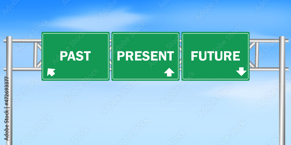 Past, Present and Future Concept 3D Rendered Signboard in Green Color on Road