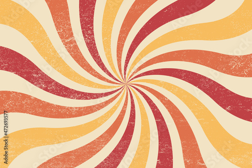 Retro groovy background. Vintage swirl rays wallpaper and backdrop.