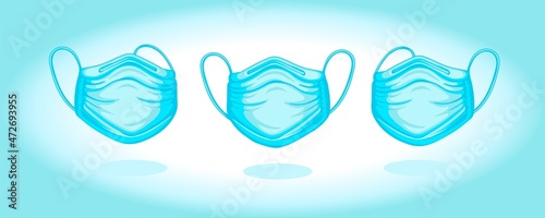 Set of medical masks — template. From different angles To protect coronavirus, infection and contaminated air. 3D realistic illustration. On gradient medical background. Vector.