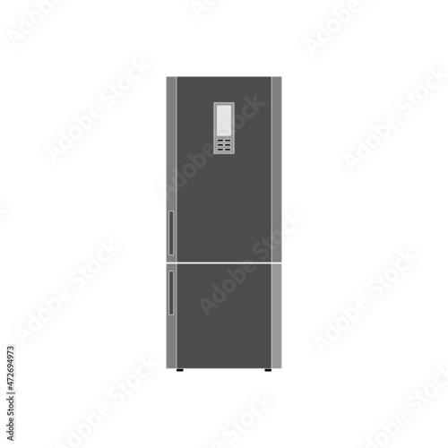 The icon of a modern refrigerator with an information board and a freezer at the bottom on a white background.
