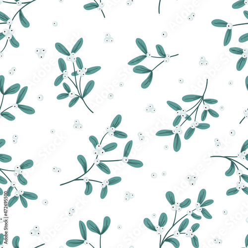 Mistletoe, viscum branches with oblong leaves and berries vector seamless pattern. Christmas, New Year holiday winter floral background for greeting cards, wallpapers, gift paper, web page.