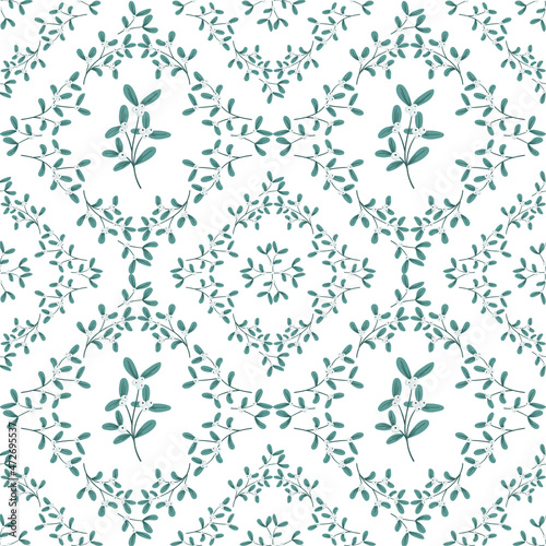 Mistletoe, viscum branches with oblong leaves and berries vector seamless pattern. Christmas, New Year holiday winter floral background for greeting cards, wallpapers, gift paper, web page.