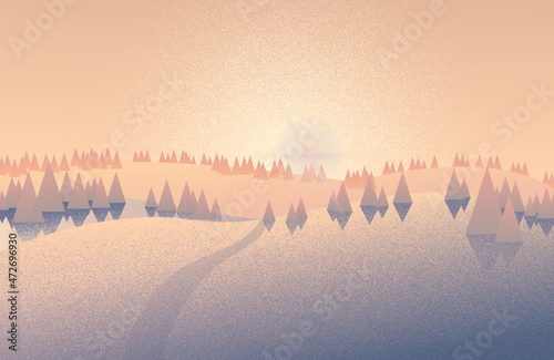 Vector isolated illustration of a winter landscape with snow, Christmas trees and dawn. Christmas card. Background in pink and purple colors