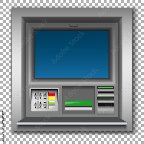 ATM machine in the wall of the building. Apparatus for withdrawing cash, salaries. Isolated on transparent background. Vector.