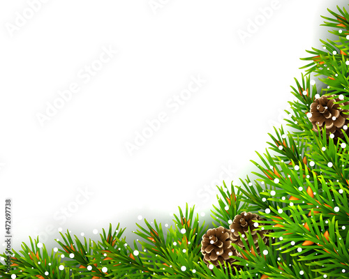 Corner frame of evergreen spruce branches, pine cones and snowflakes. For Christmas decorations and greeting card designs. Isolated on a white background. Realistic vector illustration.