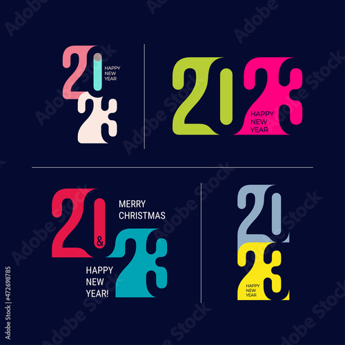 Happy new year 2023. Set of Typography logo colorful 2023. Numbers collection minimal trendy 2023 banner. Merry Christmas and Happy New Year. Decoration card for new year holidays.