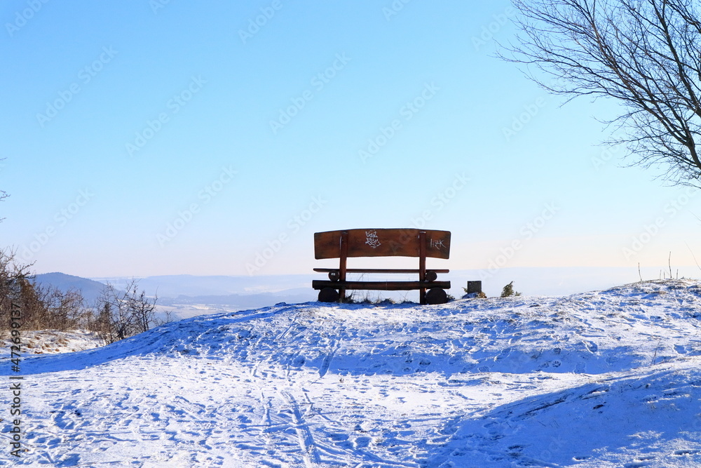 Bank, Aussichtspunkt im Winter, Jena, Schnee