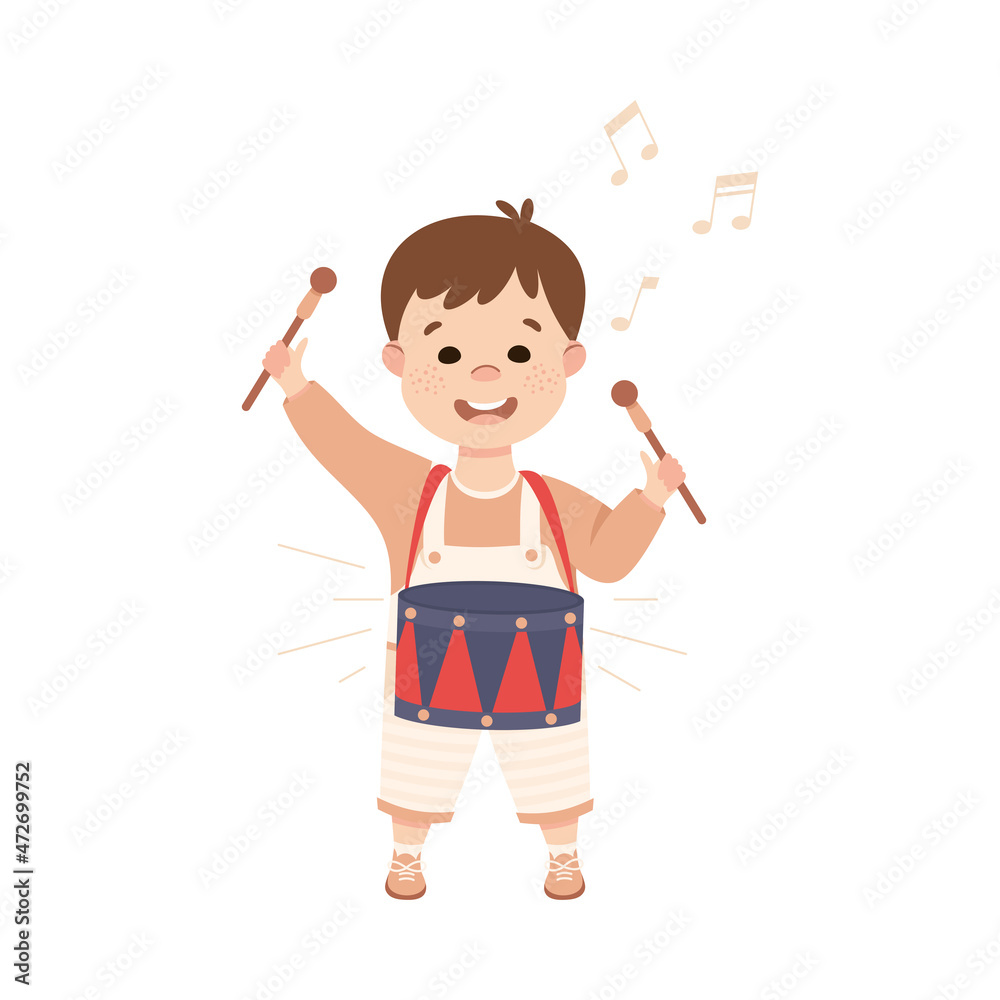 Funny Boy Playing Drum Musical Instrument Performing on Stage Vector Illustration Funny Boy Playing Drum Musical Instrument Performing on Stage Vector Illustration