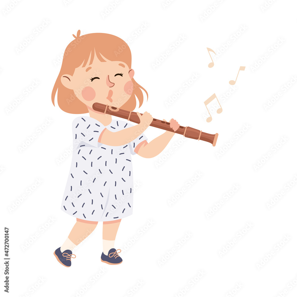 Funny Girl Playing Flute Musical Instrument Performing on Stage Vector Illustration Funny Girl Playing Flute Musical Instrument Performing on Stage Vector Illustration