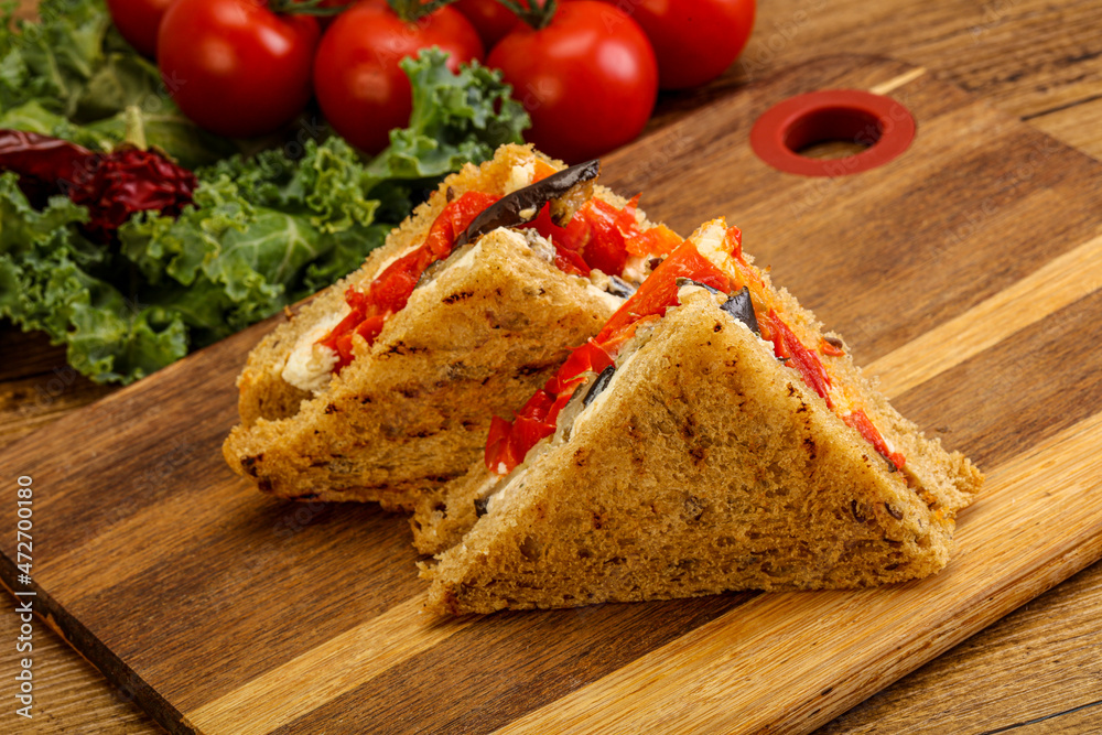 Club sandwich with eggplant and cheese Club sandwich with eggplant and cheese