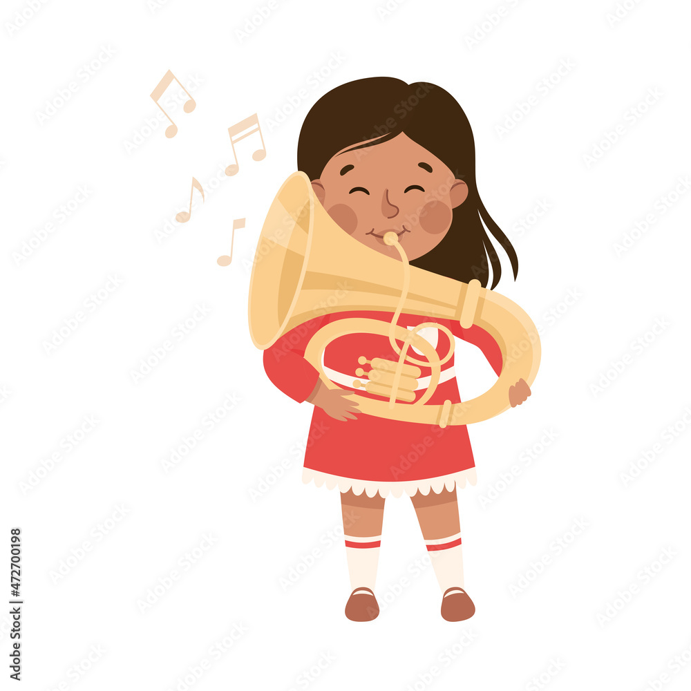 Funny Girl Playing Bass Horn Musical Instrument Performing on Stage Vector Illustration Funny Girl Playing Bass Horn Musical Instrument Performing on Stage Vector Illustration