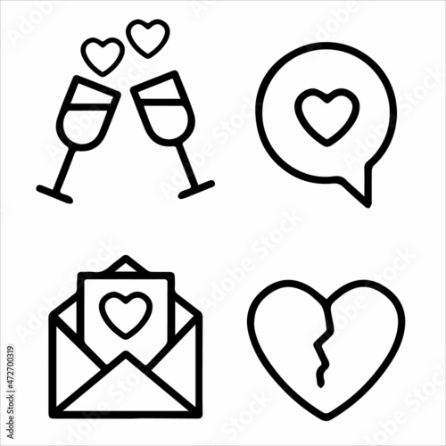 Outline doodle love theme set, romance, February 14, Valentine's Day. Design elements, white background. Inscriptions. Cute cartoon style. 