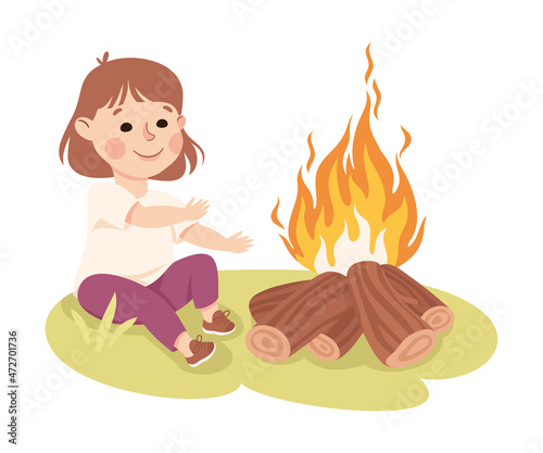 Little Girl Sitting on Green Grass Near Campfire Warming Hands Vector Illustration