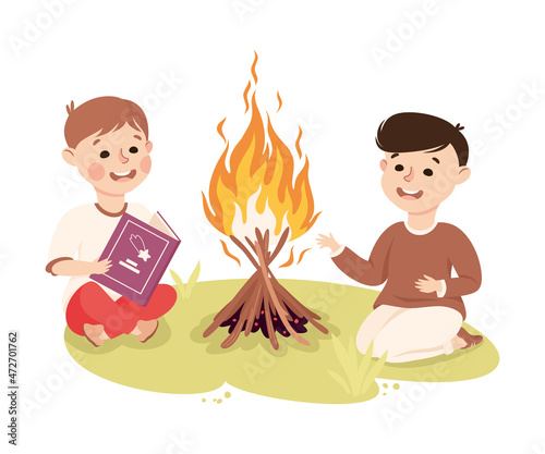 Little Boy Sitting Near Campfire and Reading Book Vector Illustration