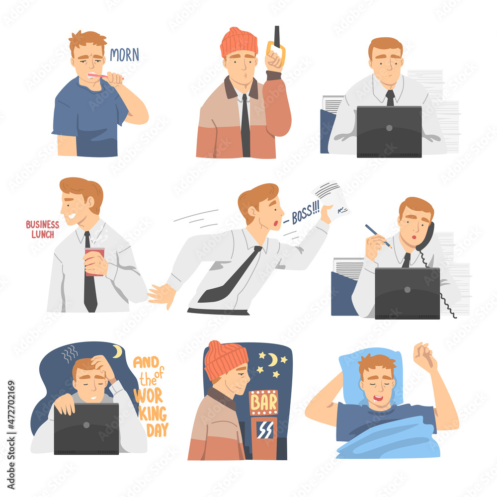 Office Employee Day Routine Waking Up, Going to Office in Public Transport and Working Vector Set Office Employee Day Routine Waking Up, Going to Office in Public Transport and Working Vector Set