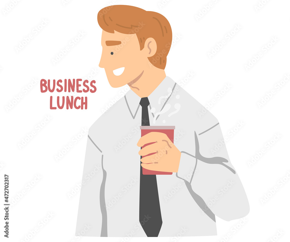 Smiling Office Employee with Coffee Cup at Lunch Time Having Day Routine Vector Illustration Smiling Office Employee with Coffee Cup at Lunch Time Having Day Routine Vector Illustration