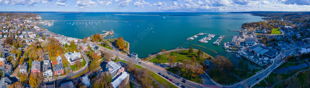 Plymouth Bay and Plymouth Village Historic District panoramic aerial view, including Antique ship Mayflower, in town center of Plymouth, Massachusetts MA, USA. 