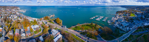 Plymouth Bay and Plymouth Village Historic District panoramic aerial view, including Antique ship Mayflower, in town center of Plymouth, Massachusetts MA, USA. 