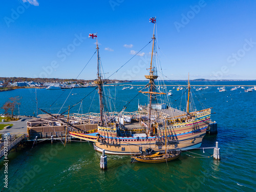 Photography Mayflower II is a reproduction of the 17th century ship Mayflower docked at town of Plymouth, Massachusetts MA, USA