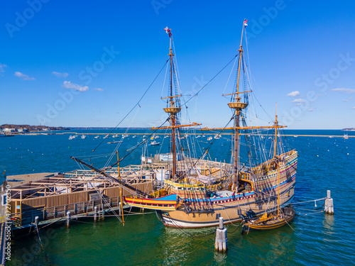 Mayflower II is a reproduction of the 17th century ship Mayflower docked at town of Plymouth, Massachusetts MA, USA.  photo