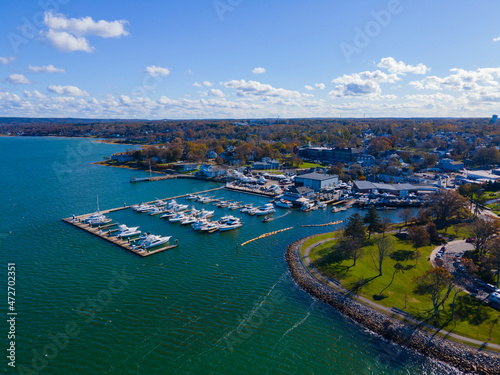 Aerial view of Plymouth marina at historic town center in fall, Plymouth, Massachusetts MA, USA. 