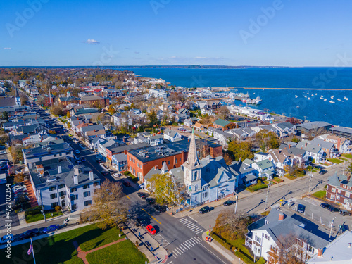 Spire Center for Performing Arts aerial view at 25 Court Street in fall, Plymouth, Massachusetts MA, USA.  photo