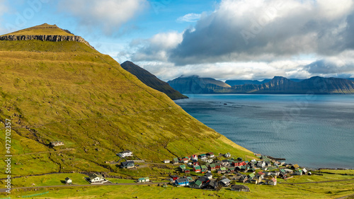 Europe, Faroe Islands. View of the village of Funningur on the island of Eysturoy photo