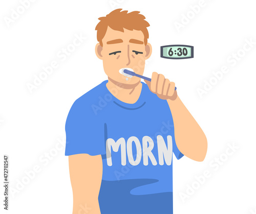 Sleepy Office Employee Brushing Teeth in the Morning as Day Routine Getting Ready for Work Vector Illustration