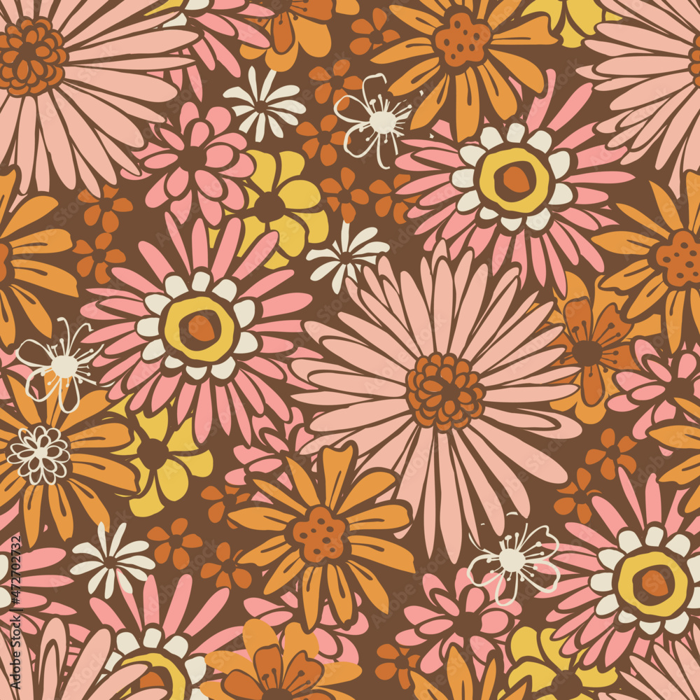 Retro vintage 70s style seamless floral pattern in shades of pink, orange, yellow and brown.