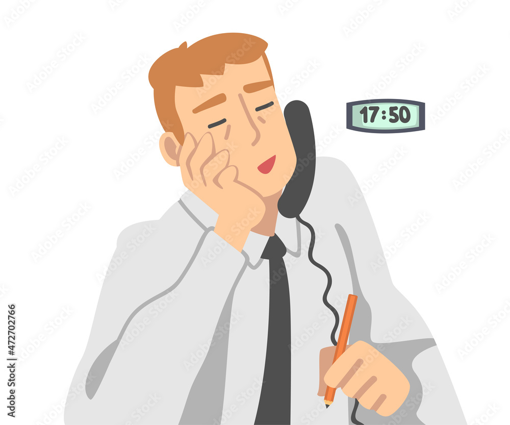 Tired and Sleepy Office Employee in White Shirt and Tie Speaking by Phone Working Long Hours Having Day Routine Vector Illustration Tired and Sleepy Office Employee in White Shirt and Tie Speaking by Phone Working Long Hours Having Day Routine Vector Illustration