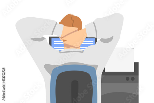 Office Employee in White Shirt Sitting at Laptop Working Having Day Routine Vector Illustration